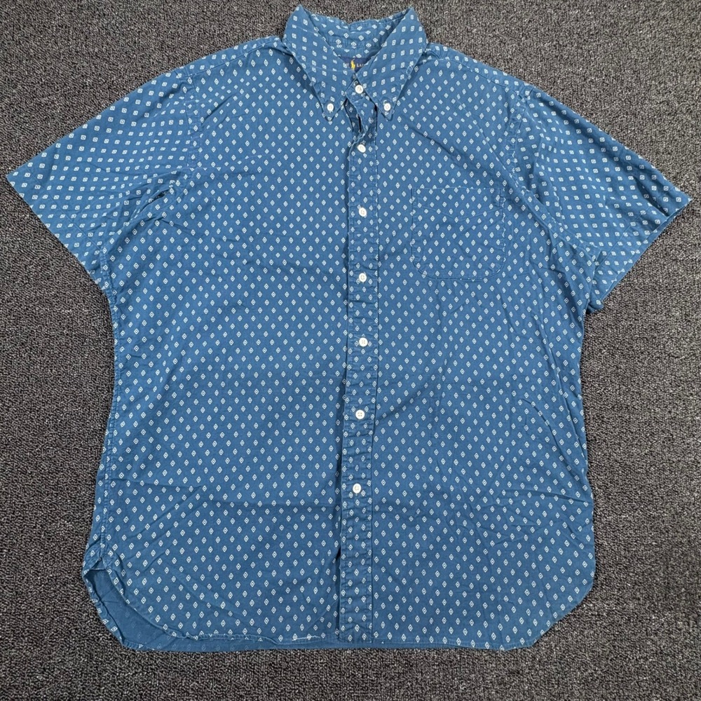 Ralph Lauren Short Sleeve Button Up Shirt Mens L Diamond AOP Navy Blue Western